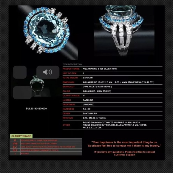 Genuine AQUAMARINE 10.20 CT. 925SILVER RING SZ 6 - Picture 4 of 5